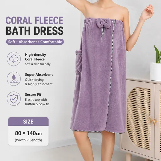 Purple Women's Coral Fleece Wearable Bath Towel Wrap - 80x140cm With Elastic Band, Snap Button and Pocket for Home Spa Travel