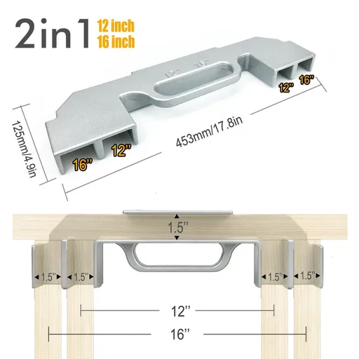 Woodworking Framing Spacer Tool with Bridge Design for Fast Stud Layout and Precise Spacing in Wall Framing, Deck Building, and DIY Carpentry Projects (2IN1, Silver)