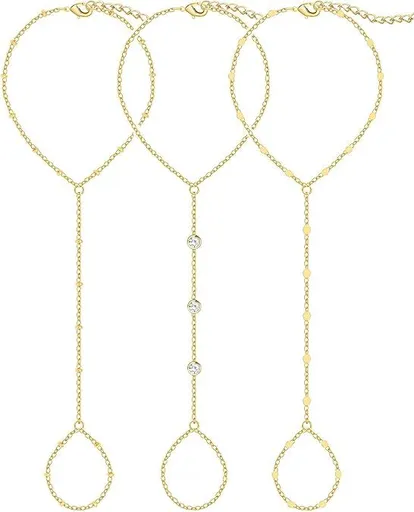 3PCS 14K Gold-Plated Hand Chain Bracelets for Women, Stack Bracelets Set Adjustable, Trendy Dainty Ring Bracelet Hand Chain