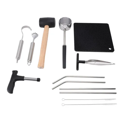 Coconut Opener Tool Set Stainless Steel Coconut Shell Puncher Cutter Rubber Hammer Kit with Straw Mat