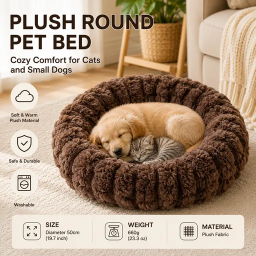 Coffee color 50cm with Heart-patterned jacquard Plush Round Pet Bed - Soft Donut Cat Bed, Warm Winter Dog Cushion for Anxiety Relief and Cozy Sleep, Durable Non-Slip Nest for Small to Medium Pets