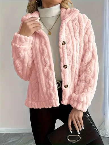 Double-Sided Fleece Coat Turn-Down Collar Button Coat Women'S Winter Outerwear - Pink - Size XS(AU XS/EU44)