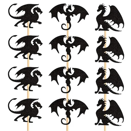 24 Pack Dragon Cupcake Toppers Glitter Fantasy Birthday Cupcake Picks for Flying Dragon Theme Baby Shower Kids Birthday