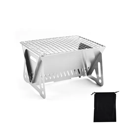 Portable Backpacking Stove with Grill Grid, Folding Stainless Steel Charcoal Grill, Ultralight BBQ Wood Burning Camp Stove for Hiking Picnic Garden Backyard Cooking（small size）
