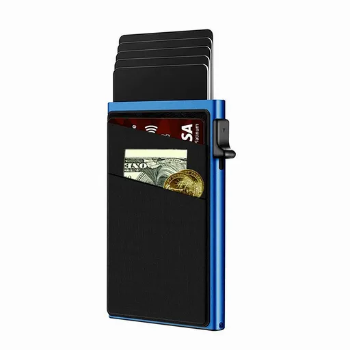Blue Ultra-Slim RFID Blocking Pop-Up Wallet - Automatic Card Holder with Metal Case & Secure Screw Base
