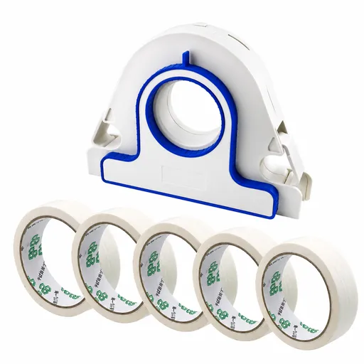 Painters Masking Tape Dispenser Handheld Tape Applicator Tool for Wall Edge Trim Door Frame Window Border Painting Preparation Quick Straight Tape Laying (Grout Tool + 5 Rolls White Masking Tape)