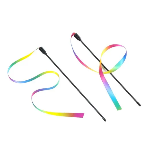Interactive Cat Rainbow Wand Toys, Interactive Cat Teaser Wand String, Colorful Ribbon Charmer for Most Cats and Kittens - 2 PCS