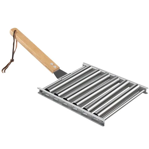 Hot Dog Roller Stainless Steel BBQ Griller 6 Rollers for 5 Hot Dogs Extra Long Wood Handle Evenly Cooked Hotdogs