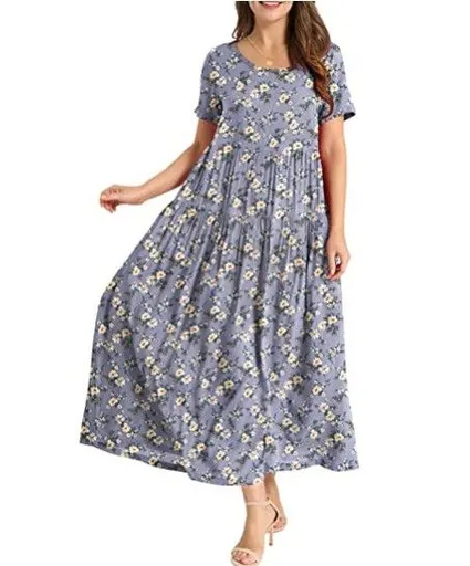 Women Floral Long Dress Short Sleeve Polyester Picture Color 5 XXXL