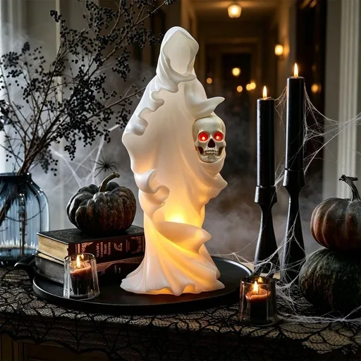 Halloween Ghost Figurine with Glowing Red Eyes Skull LED Light Resin Statue Battery Operated Tabletop Ornament for Shelf Indoor Home Decor 8 inch