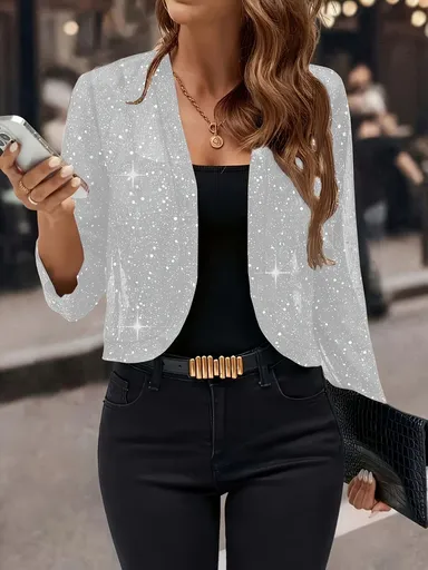 Sparkly Women'S Jacket Sheer Jacket Women'S Outerwear Fashion Jacket Glamorous - White - Size S