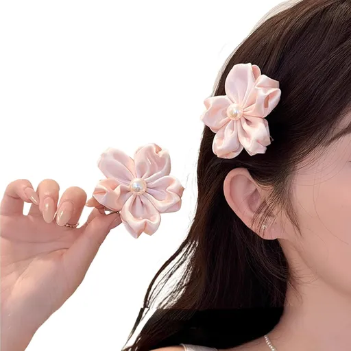 2 Pack Pink Sakura Hair Clips With Pearls for Girls Front Side Bangs, Fringe Duckbill Hair Clips Headwear Accessories (Sakura)