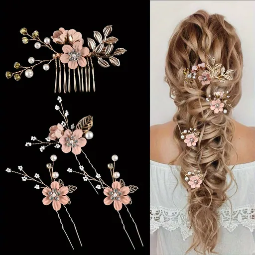 PINK 4-Piece Elegant Light Luxury Pearl Flower Hair Accessories Set, Bridal Wedding Hairpin and Hairpin Headdress Set, Bridesmaid Gift Banquet Ornament Set for Women's Hairpin
