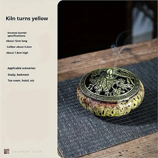 Glaze-transmutation ceramic incense burner with retro copper lid, fireproof mat, and incense coil holder. Suitable for various incense types, ideal for creative home decor and festive gifting.(Kiln yellowing）
