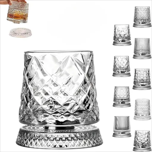 Spinning Whiskey Glasses, 360° Rotating Heavy Crystal Tumblers for Bourbon Scotch Rum Cocktail for Home Bar, Gifts for Men Dad Husband