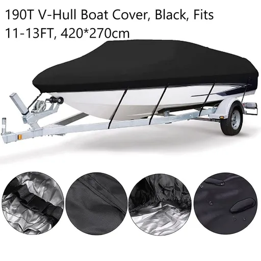 190T Polyester Taffeta V-Hull Boat Cover, Outdoor Dust, Sun & Rain Protection Yacht Protective Cover, Black, Fits 11-13FT, 420cm*270cm, Reliable Marine Storage Shield