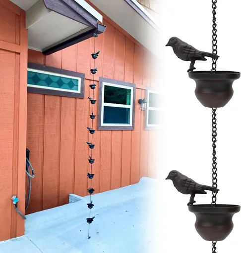 Vintage Metal Bird Shaped Rain Chain Catcher - 94 Inches Decorative Hanging Gutter Chains with 8 Iron Birds and Cups - Drain Garden Mobile Birds Steering Wheel for Soothing Rain Sounds