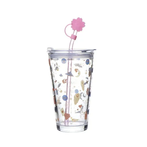 Lovely Clear Glass Tumblers with Lid and Straw, Large Capacity Breakfast Milk Cup, Juice Cup-Constellation