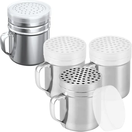 [3-pcs] 10 oz Metal Parmesan Cheese Shakers (Large Holes) + [1-pc] 10 oz Stainless Steel Salt Pepper Dredge Shaker - with Plastic Caps & Handles Bundle