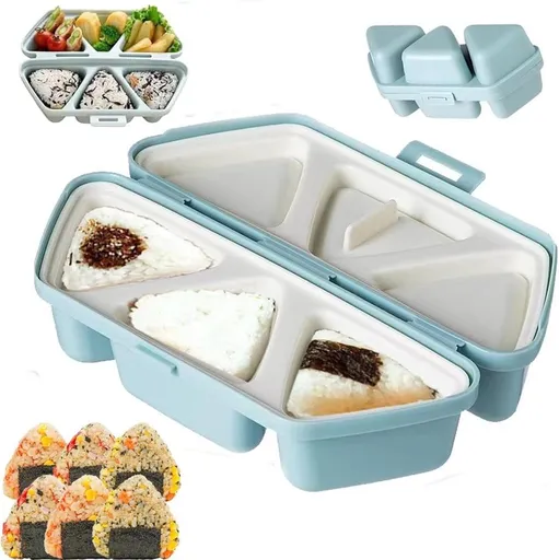 6 in 1 Sushi Maker Kit, Onigiri Mold Triangular Rice Ball Maker with Spoon, Bento Lunch Box Press for Picnic, Blue