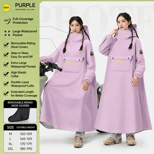 Purple Full Coverage & Extended Cycling Hooded Rain Poncho with Detachable Shoe Covers, M Size – Thickened Waterproof Oxford Motorcycle Raincoat with Face-Protection Elastic Collar, Large Storage Pocket and Foldable Sleeve Cover for Men Women Outdoor