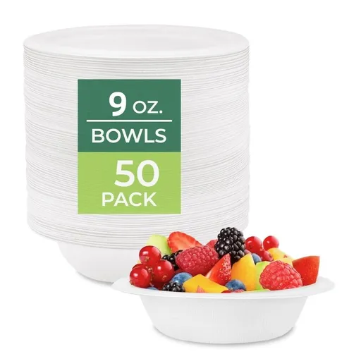 [50 Pack]Compostable Disposable Bowls 9 oz.Heavy Duty Disposable Bowls,Eco-Friendly Disposable Sugarcane Paper Bowls