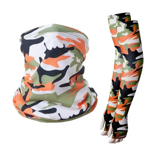 Warm‑Tone Camo Sun‑Resistant Sleeve‑Glove‑Neck Tube Kit, High Elastic For Long‑Distance Biking, Halloween Long‑Distance Cycling Gear, One Size, Camo Orange Yellow Mask, 2 Pcs