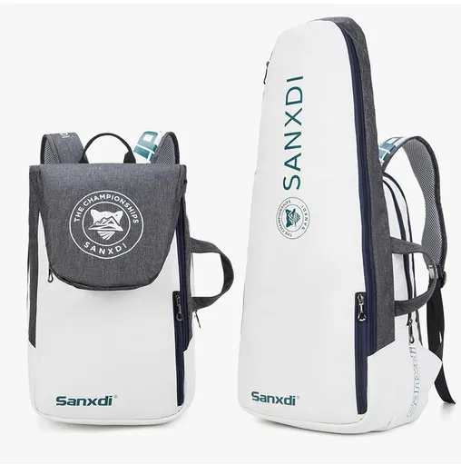 Grey and White Multifunctional Tennis & Badminton Backpack - Waterproof Racket Bag with Shoe Compartment