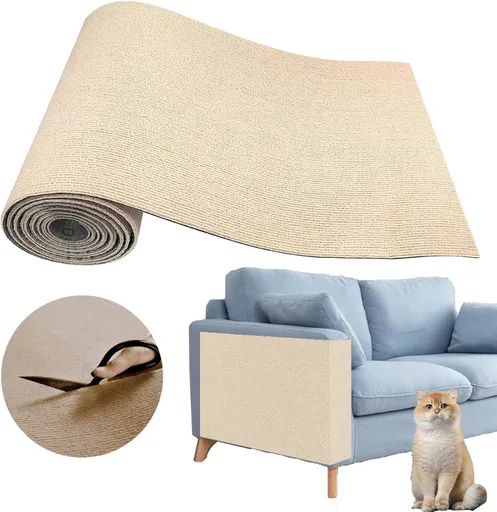 78.7"X15.8" Self-Adhesive Cat Scratching Mat - Durable Couch Protector from Cat Claws, DIY Furniture Protector from Cats Scratching, Sticky cat Scratch Wall mat- No Residue, Safe for Cats - Khaki