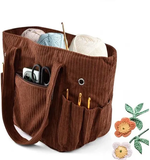 Corduroy Yarn Storage Bag, Knitting Bag, Crochet Bag, Knitting Needles and Accessories, Crochet Travel Bag for Mom, Women, Crochet Tool Set