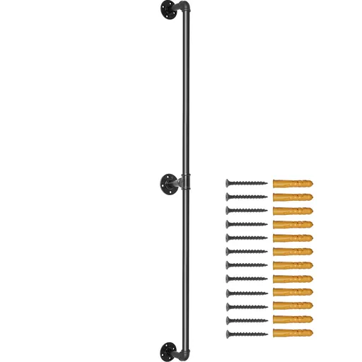 Pipe Stair Handrail, 7FT Staircase Handrail, 440LBS Load Capacity Carbon Steel Pipe Handrail, Industrial Pipe Handrail with Wall Mount Support, Round Corner Wall Handrailings for Indoor, Outdoor