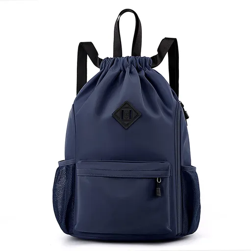 Large Drawstring Backpack Waterproof Gym Bag Lightweight Sports Sackpack with Zipper Pockets for Travel and Swimming navy blue