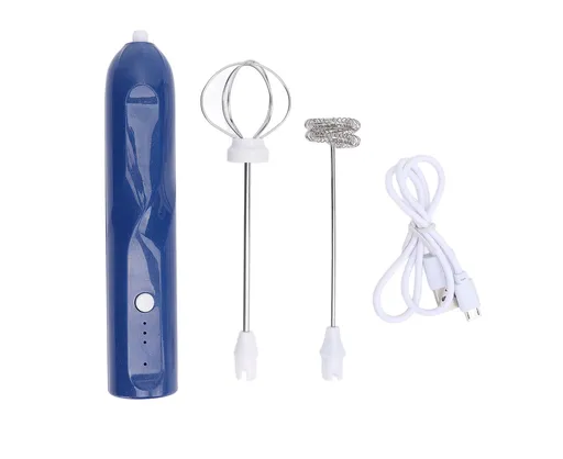 Rechargeable Milk Frother, Handheld Wand with 2 Whisk Attachments, Electric Drink Mixer & Foamer for Coffee & Egg, Blue