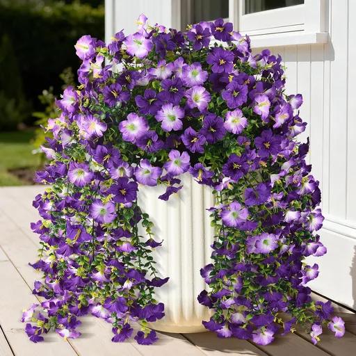 Artificial Fake Hanging Flowers Plants for Outdoor Spring Decoration,2 PCS Faux Silk Morning Glory with Eucalyptus Leaves,UV Resistant Realistic Trailing Vines for Balcony Porch Patio Yard Garden