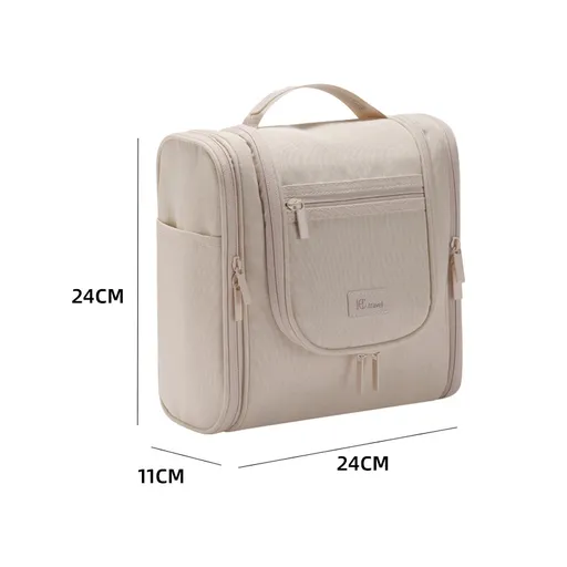 Hanging Travel Toiletry Bag, Large Capacity Double Open Cosmetic Organizer Bag, Water Resistant RPET Fabric Wash Bag with Detachable Hook & Handle（Beige）()