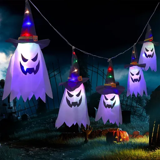 Halloween Decorations Outdoor, Halloween Flying Ghost Hats Hanging Witch Hat for Tree Decor with Lights 5 Pack Lighted Glowing