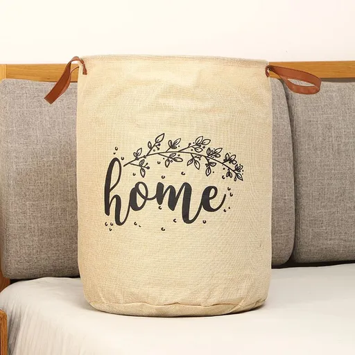 Fabric Storage Bag Cylindrical Large Capacity Eurocode beige PU handle barrel 40*50