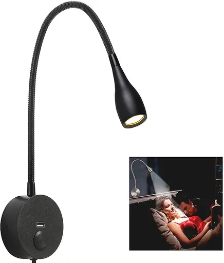 Dimmable Bedside Lamp, Minimalist LED Bedside Reading Lamp, Headboard Wall Mounted with USB Charger (Matte Black)
