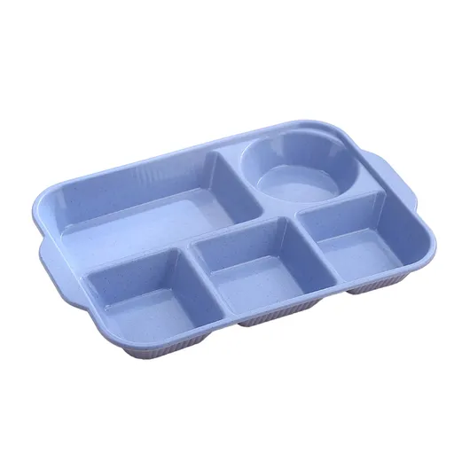 Unbreakable Divided Plates, 5-Compartment Wheat Straw Tray Divided Food Plates Lunch Trays Section Plates for Kids Adults, Microwave Dishwasher Safe, BPA Free Blue