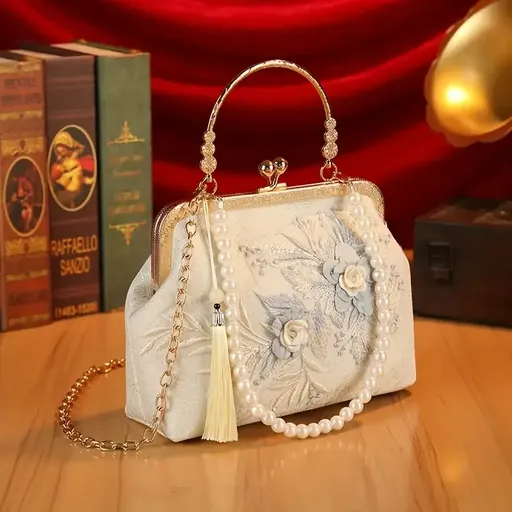 【3D Embroidery Small Square Bag】​ Carved Gold Handle with Pearl Tassels, Polyester Jacquard Vintage Handbag, Versatile for Weddings, Tea Parties & Daily Commute, Luxurious Eastern Elegance./BLUE