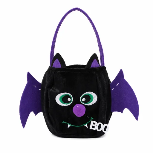 Bat-shaped black bag - Plush Halloween Trick or Treat Candy Bag - Polyester Tote with Embroidered Face, Lightweight Portable Goody Pouch for Party Favors and Trick or Treating