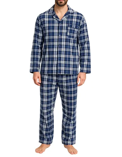 Mens Flannelette Pyjama Set Sleepwear Soft 100% Cotton PJs - Blue Check - 7XL