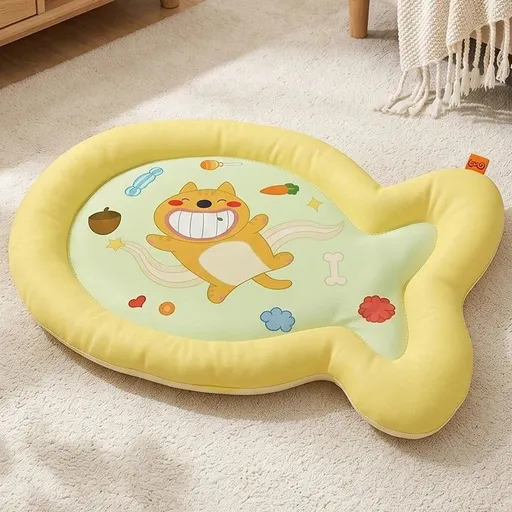 1 Pack Cute Fish-Shaped Cooling Pet Mat, Cartoon Cat Print Summer Dog Cat Bed, Breathable Non-Slip Soft Ice Cooling Pad for Small Medium Pets (yellow, Size L)