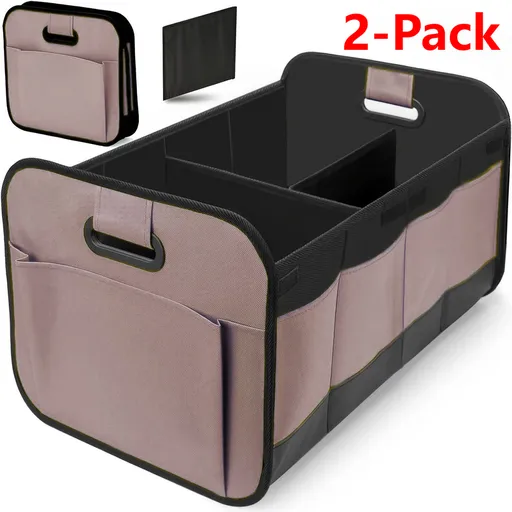 2-Pack - 3-Compartment Foldable Oxford Car Trunk Organizer, Waterproof Storage Bin for Vehicles and Under-Bed Use - Brown