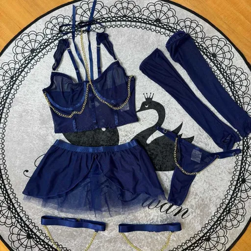 House Of Dasein Cross-Border Pure Desire Style Pink Sexy Transparent Mesh Skirt Uniform With Gloves Erotic Underwear Set - Navy Blue - M