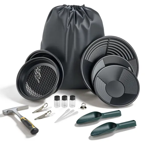Gold Panning Kit, 254 mm and 355 mm Pans, 19 PCS Portable Prospecting Equipment Kit with Classifier Sieves, Sand Magnet, Rock Pick, Scoops, Backpack, and Accessories, for Outdoor Gold Recovery