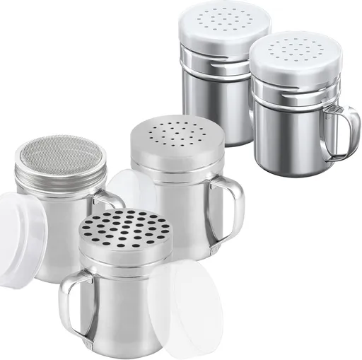 [3-pcs] 6 oz Stainless Steel Dredges (ine Mesh + Medium Holes + Large Holes) + [2-pcs] 6 oz Stainless Steel Salt Pepper Dredge Shakers - All with Plastic Caps and Handles Bundle