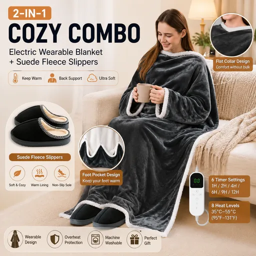 Wearable Electric Heated Blanket with Foot Pocket 127x177cm and Suede Fleece Slippers Set AU 9-10, Winter Warm Home Comfort Bundle