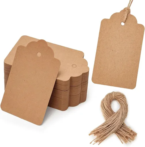 100pcs Gift Tags with String Attached, 1.7 x 2.8 inch Kraft Paper Hang Tags for Clothes DIY Crafts Wedding Holiday (Brown)