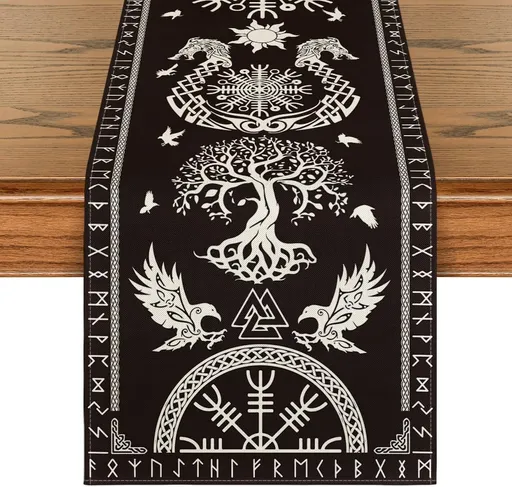 Black Viking Tree of Life Raven Helmet of Awe Table Runner, Seasonal Kitchen Dining Table Decoration for Home Party Decor 13x72 Inch